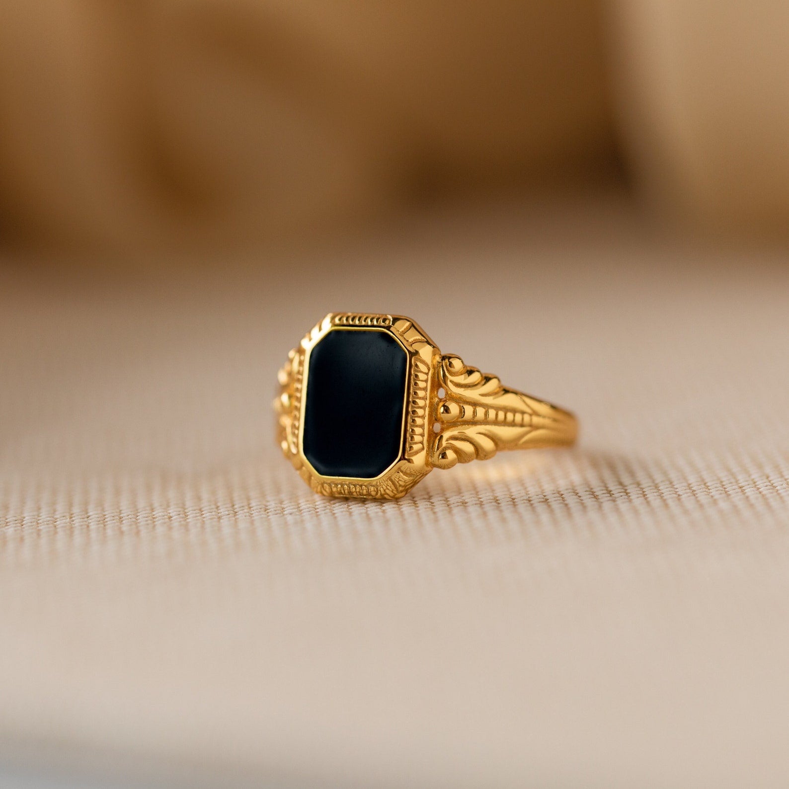 Vintage-Inspired Black Enamel Signet Ring: Fusion of Classic and Contemporary